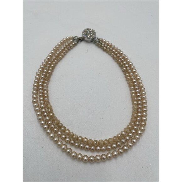 Vintage Sarah Coventry 3 Strand Pearl Necklace Rhinestone MCM 15" long - Picture 1 of 8
